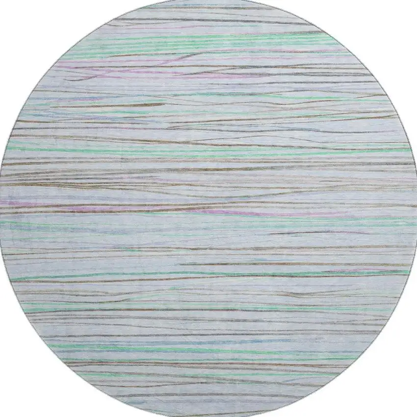 8' X 8' Sky Blue Green And Purple Striped Washable Round Rug With UV Protection Photo 3