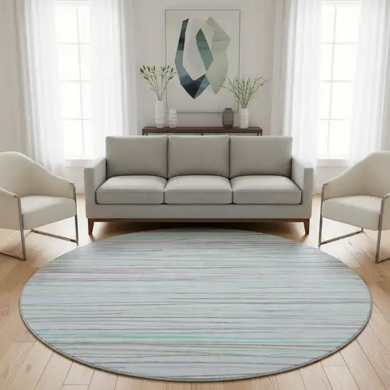 8' X 8' Sky Blue Green And Purple Striped Washable Round Rug With UV Protection Photo 2