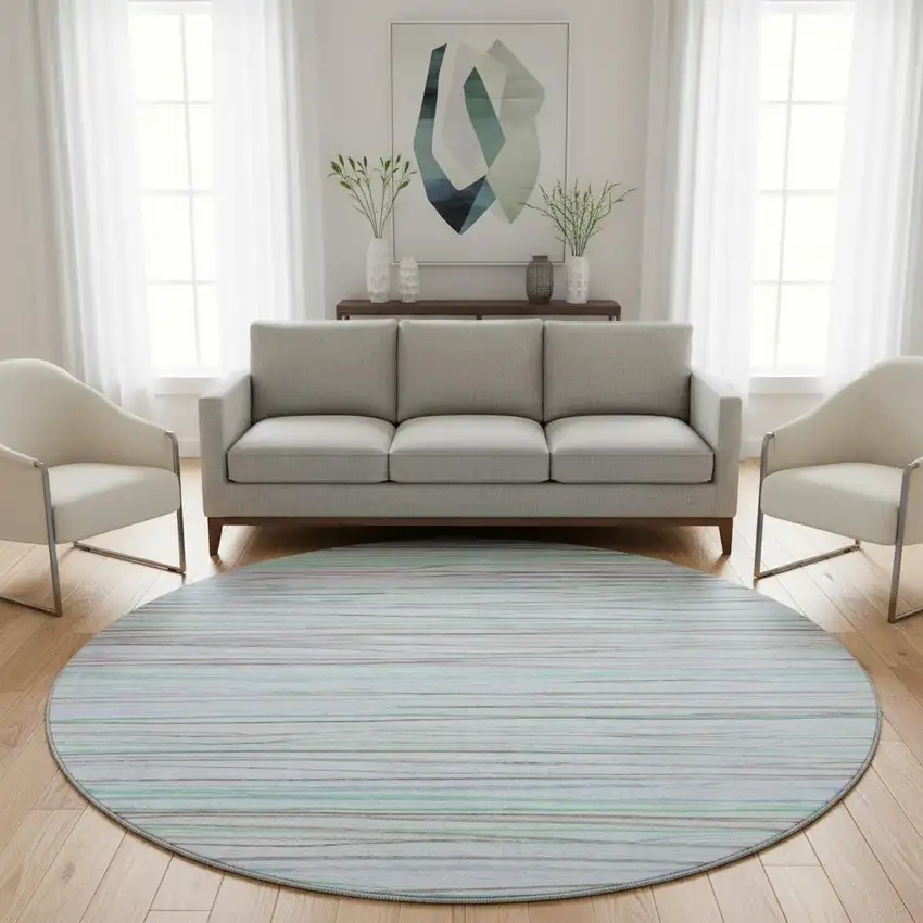 8' X 8' Sky Blue Green And Purple Striped Washable Round Rug With UV Protection Photo 2