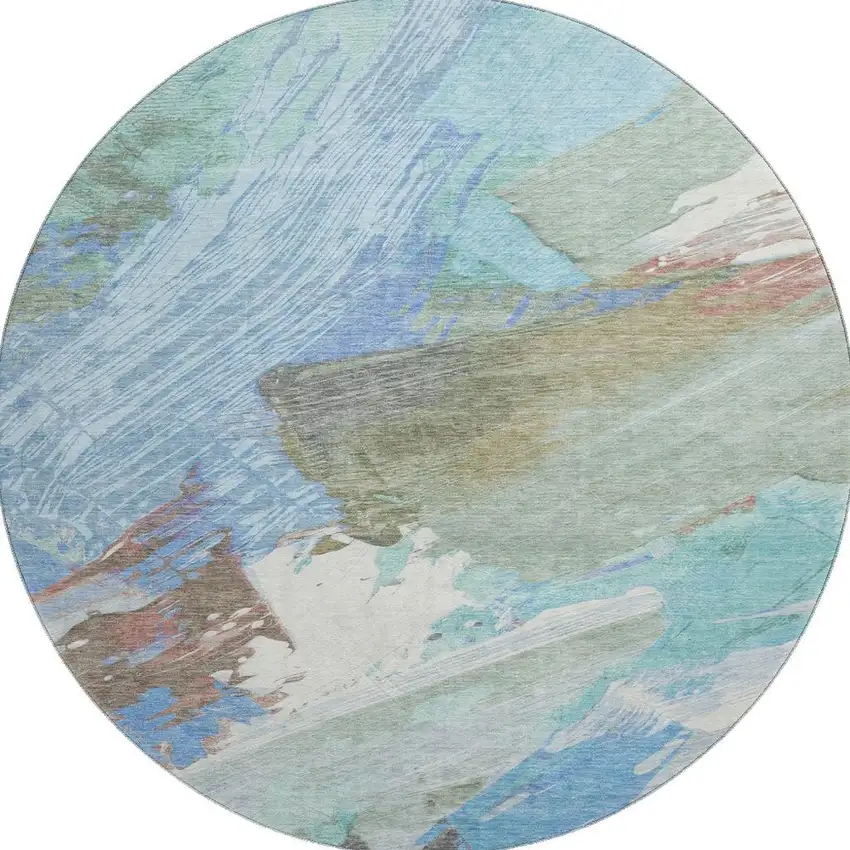 8' X 8' Sky Blue Ivory And Charcoal Abstract Washable Round Rug With UV Protection Photo 3