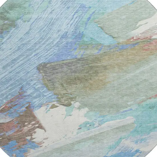 8' X 8' Sky Blue Ivory And Charcoal Abstract Washable Round Rug With UV Protection Photo 2