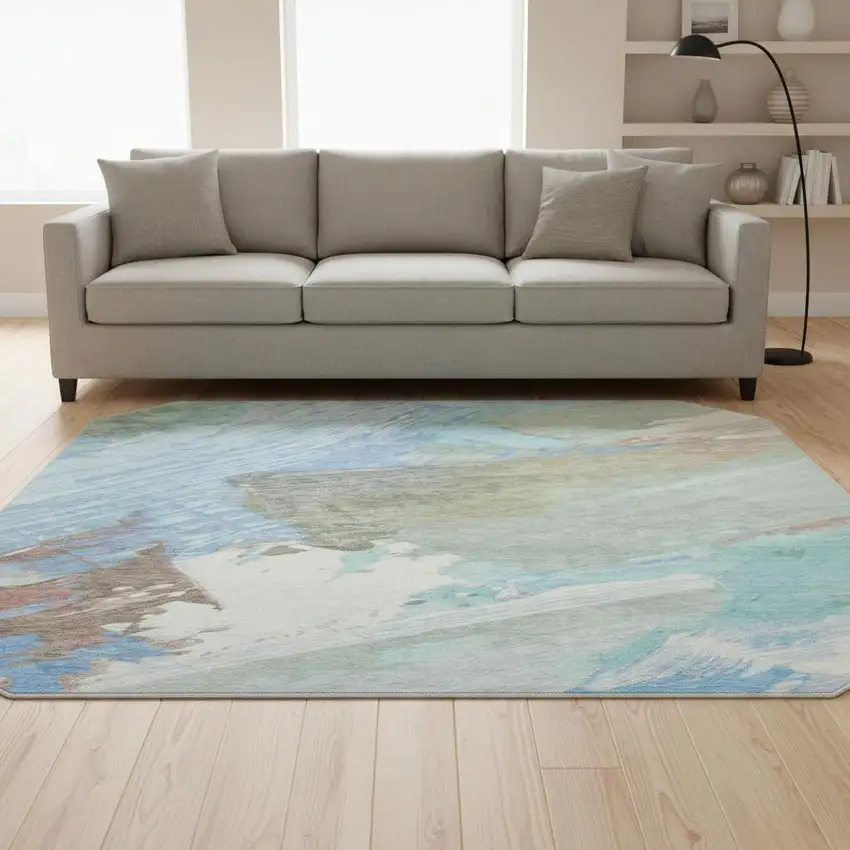 8' X 8' Sky Blue Ivory And Charcoal Abstract Washable Round Rug With UV Protection Photo 2