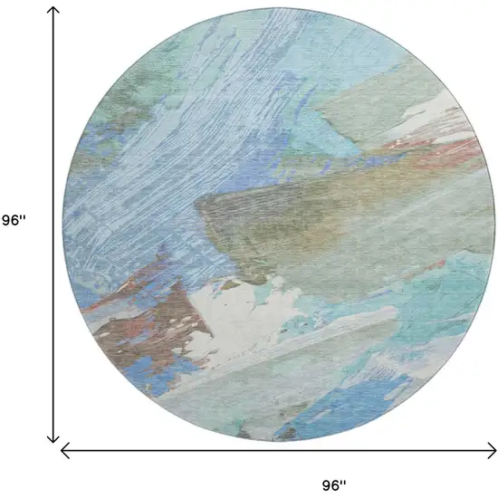8' X 8' Sky Blue Ivory And Charcoal Abstract Washable Round Rug With UV Protection Photo 9
