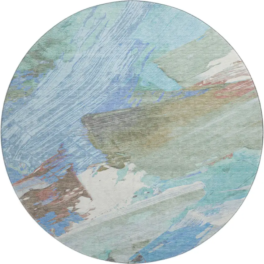 8' X 8' Sky Blue Ivory And Charcoal Abstract Washable Round Rug With UV Protection Photo 1