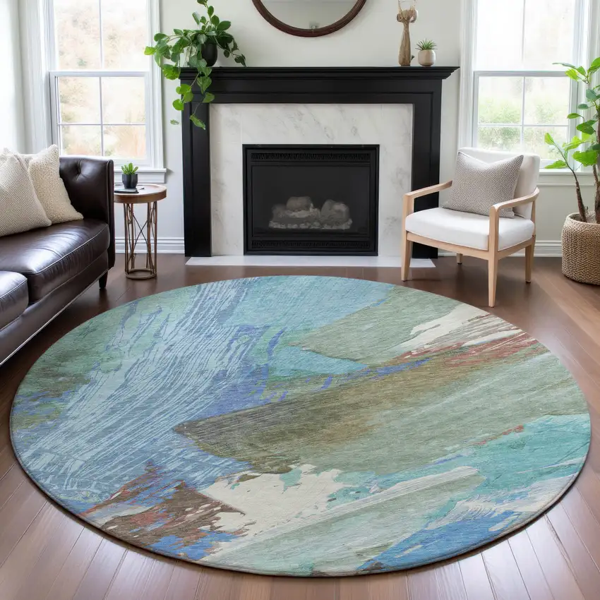 8' X 8' Sky Blue Ivory And Charcoal Abstract Washable Round Rug With UV Protection Photo 4