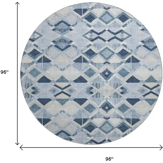 8' X 8' Sky Blue Ivory And Gray Geometric Washable Round Rug With UV Protection Photo 9