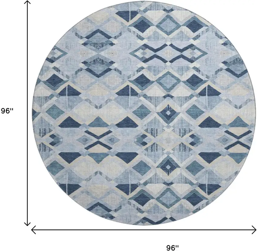 8' X 8' Sky Blue Ivory And Gray Geometric Washable Round Rug With UV Protection Photo 9