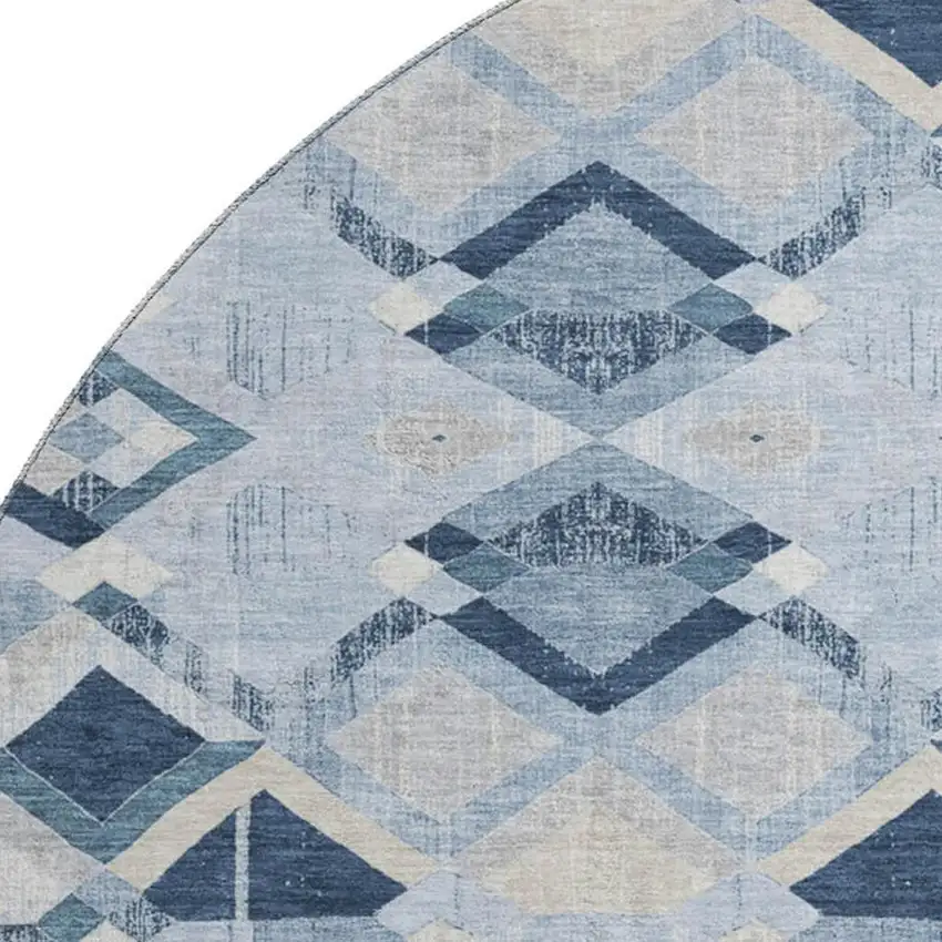 8' X 8' Sky Blue Ivory And Gray Geometric Washable Round Rug With UV Protection Photo 2