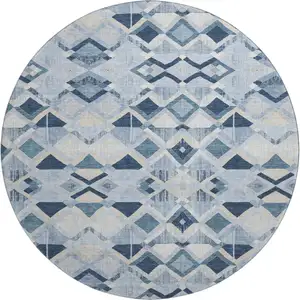 Photo of 8' X 8' Sky Blue Ivory And Gray Geometric Washable Round Rug With UV Protection