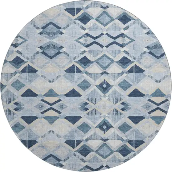 8' X 8' Sky Blue Ivory And Gray Geometric Washable Round Rug With UV Protection Photo 1