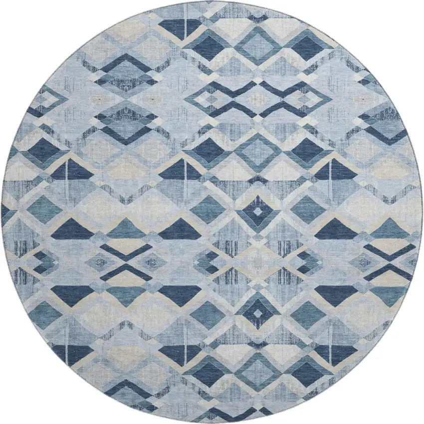 8' X 8' Sky Blue Ivory And Gray Geometric Washable Round Rug With UV Protection Photo 1