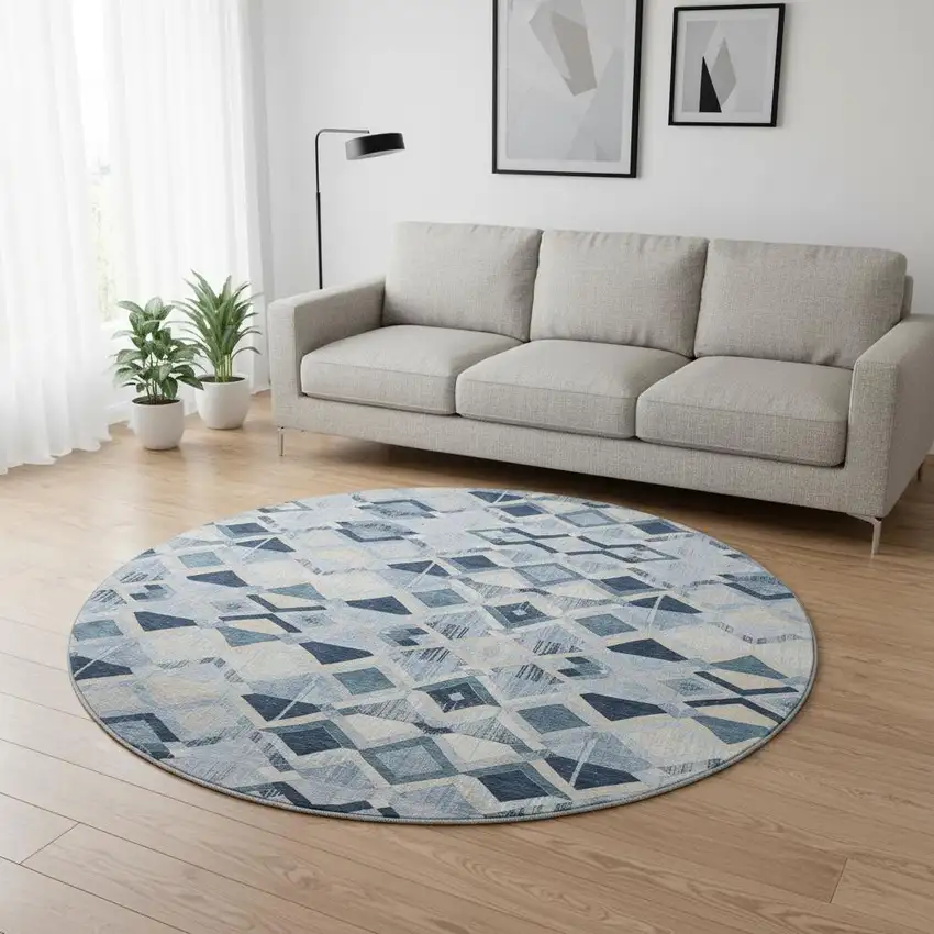 8' X 8' Sky Blue Ivory And Gray Geometric Washable Round Rug With UV Protection Photo 2