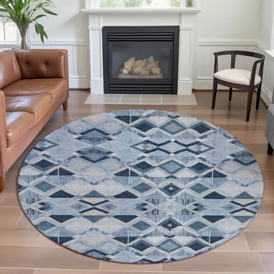 8' X 8' Sky Blue Ivory And Gray Geometric Washable Round Rug With UV Protection Photo 4