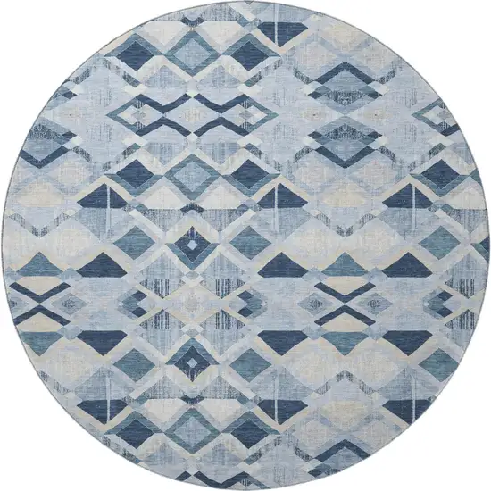 8' X 8' Sky Blue Ivory And Gray Geometric Washable Round Rug With UV Protection Photo 3