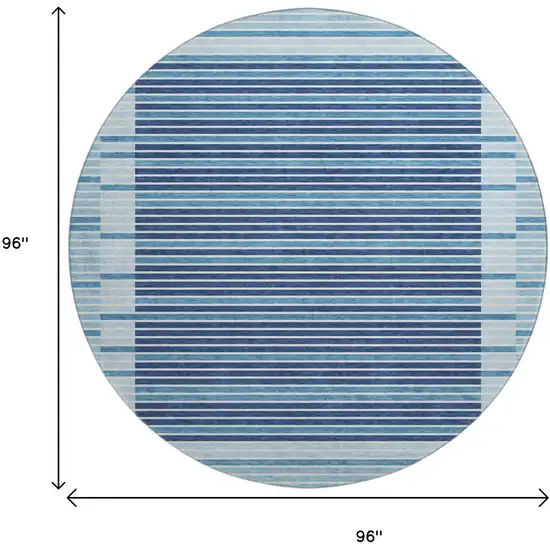 8' X 8' Sky Blue Ivory And Navy Blue Striped Washable Round Rug With UV Protection Photo 9