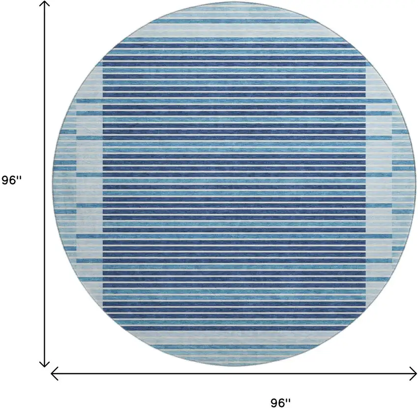 8' X 8' Sky Blue Ivory And Navy Blue Striped Washable Round Rug With UV Protection Photo 9