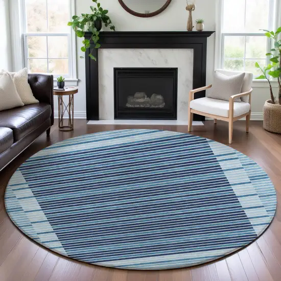 8' X 8' Sky Blue Ivory And Navy Blue Striped Washable Round Rug With UV Protection Photo 4
