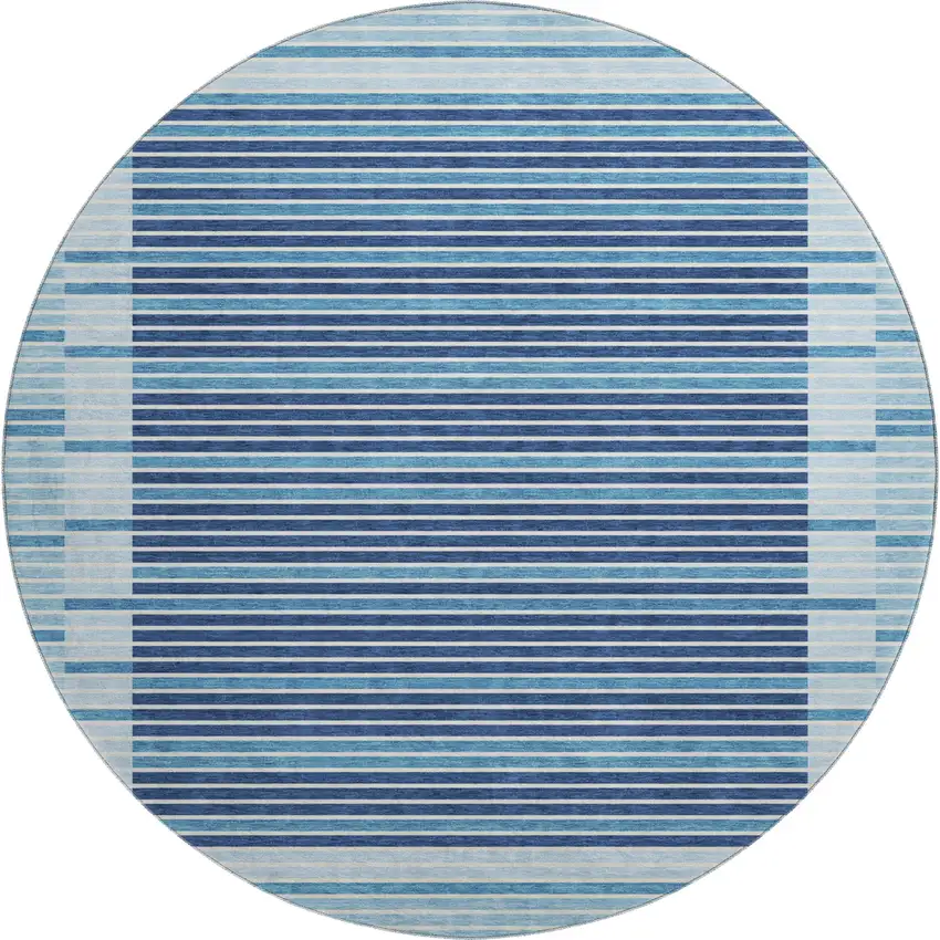 8' X 8' Sky Blue Ivory And Navy Blue Striped Washable Round Rug With UV Protection Photo 1