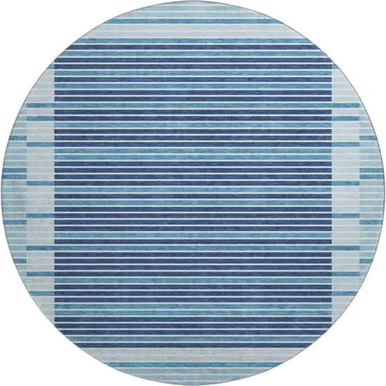 8' X 8' Sky Blue Ivory And Navy Blue Striped Washable Round Rug With UV Protection Photo 1