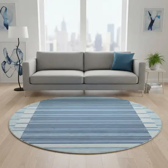 8' X 8' Sky Blue Ivory And Navy Blue Striped Washable Round Rug With UV Protection Photo 2