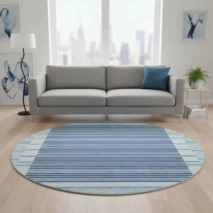 8' X 8' Sky Blue Ivory And Navy Blue Striped Washable Round Rug With UV Protection Photo 2