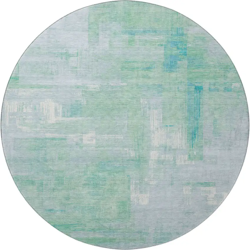 8' X 8' Sky Blue Ivory And Teal Abstract Washable Round Rug With UV Protection Photo 3