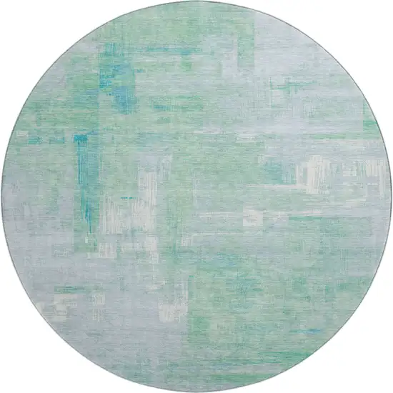 8' X 8' Sky Blue Ivory And Teal Abstract Washable Round Rug With UV Protection Photo 1