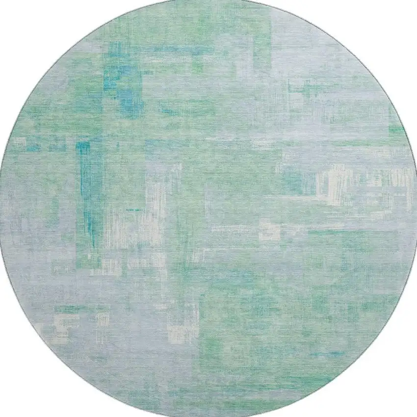 8' X 8' Sky Blue Ivory And Teal Abstract Washable Round Rug With UV Protection Photo 3