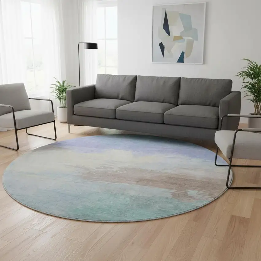 8' X 8' Sky Blue Lavender And Beige Abstract Washable Round Rug With UV Protection Photo 2