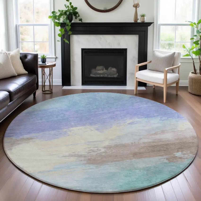8' X 8' Sky Blue Lavender And Beige Abstract Washable Round Rug With UV Protection Photo 4