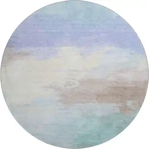 Photo of 8' X 8' Sky Blue Lavender And Beige Abstract Washable Round Rug With UV Protection