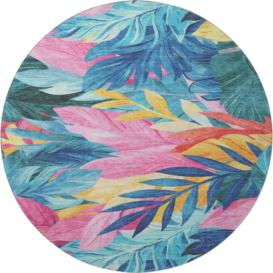 8' X 8' Sky Blue Pink And Gold Floral Washable Round Rug With UV Protection Photo 3