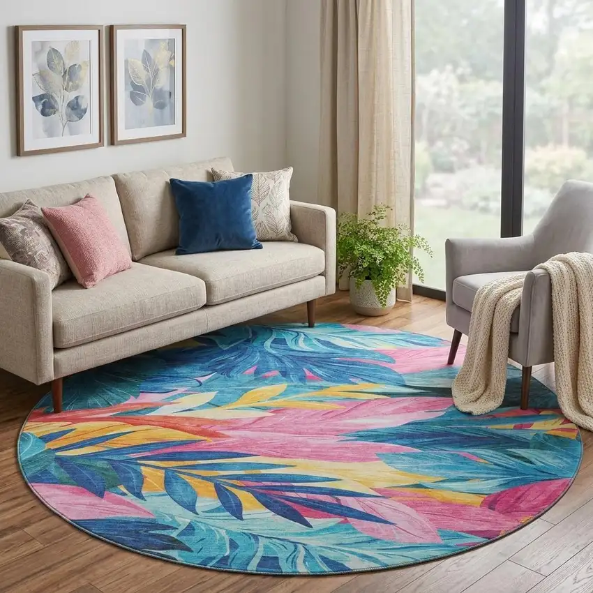 8' X 8' Sky Blue Pink And Gold Floral Washable Round Rug With UV Protection Photo 1