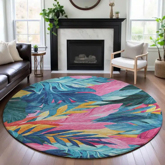 8' X 8' Sky Blue Pink And Gold Floral Washable Round Rug With UV Protection Photo 4