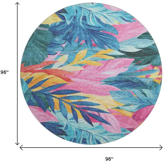 8' X 8' Sky Blue Pink And Gold Floral Washable Round Rug With UV Protection Photo 9