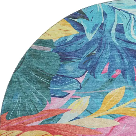8' X 8' Sky Blue Pink And Gold Floral Washable Round Rug With UV Protection Photo 2