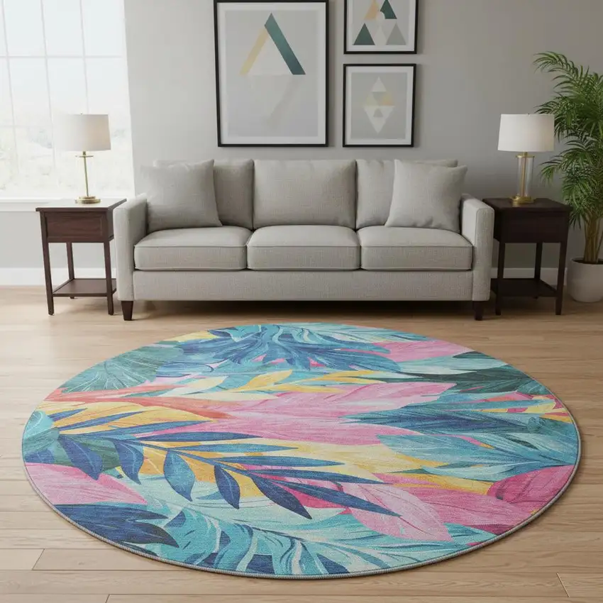 8' X 8' Sky Blue Pink And Gold Floral Washable Round Rug With UV Protection Photo 2