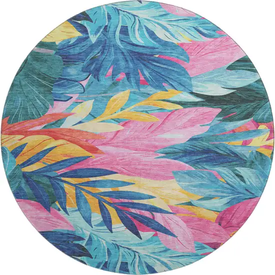 8' X 8' Sky Blue Pink And Gold Floral Washable Round Rug With UV Protection Photo 1