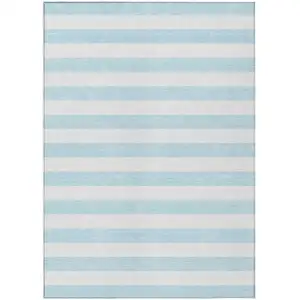 Photo of 3' X 4' Sky Blue Striped Washable Non Skid Indoor Outdoor Area Rug