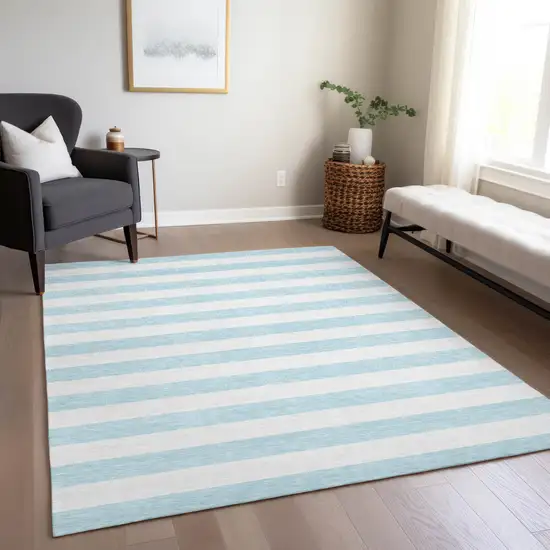 Sky Blue Striped Washable Non Skid Indoor Outdoor Area Rug Photo 9
