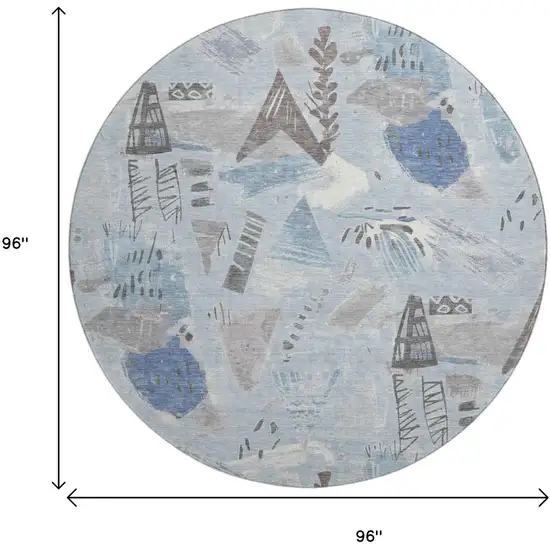8' X 8' Sky Blue Taupe And Ivory Geometric Washable Round Rug With UV Protection Photo 9