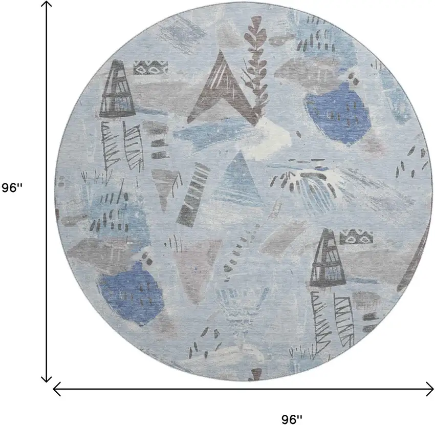 8' X 8' Sky Blue Taupe And Ivory Geometric Washable Round Rug With UV Protection Photo 9
