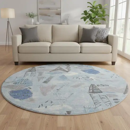 8' X 8' Sky Blue Taupe And Ivory Geometric Washable Round Rug With UV Protection Photo 2