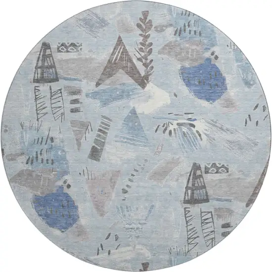 8' X 8' Sky Blue Taupe And Ivory Geometric Washable Round Rug With UV Protection Photo 1