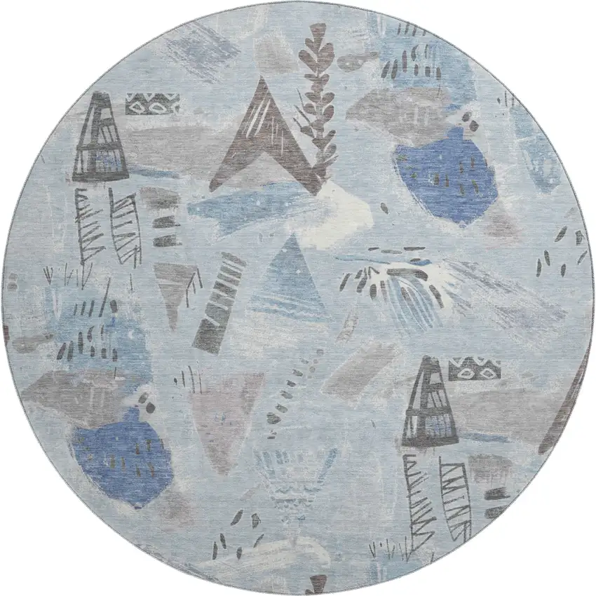 8' X 8' Sky Blue Taupe And Ivory Geometric Washable Round Rug With UV Protection Photo 1