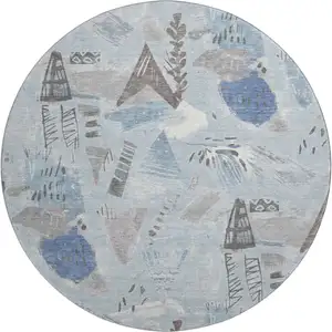 Photo of 8' X 8' Sky Blue Taupe And Ivory Geometric Washable Round Rug With UV Protection