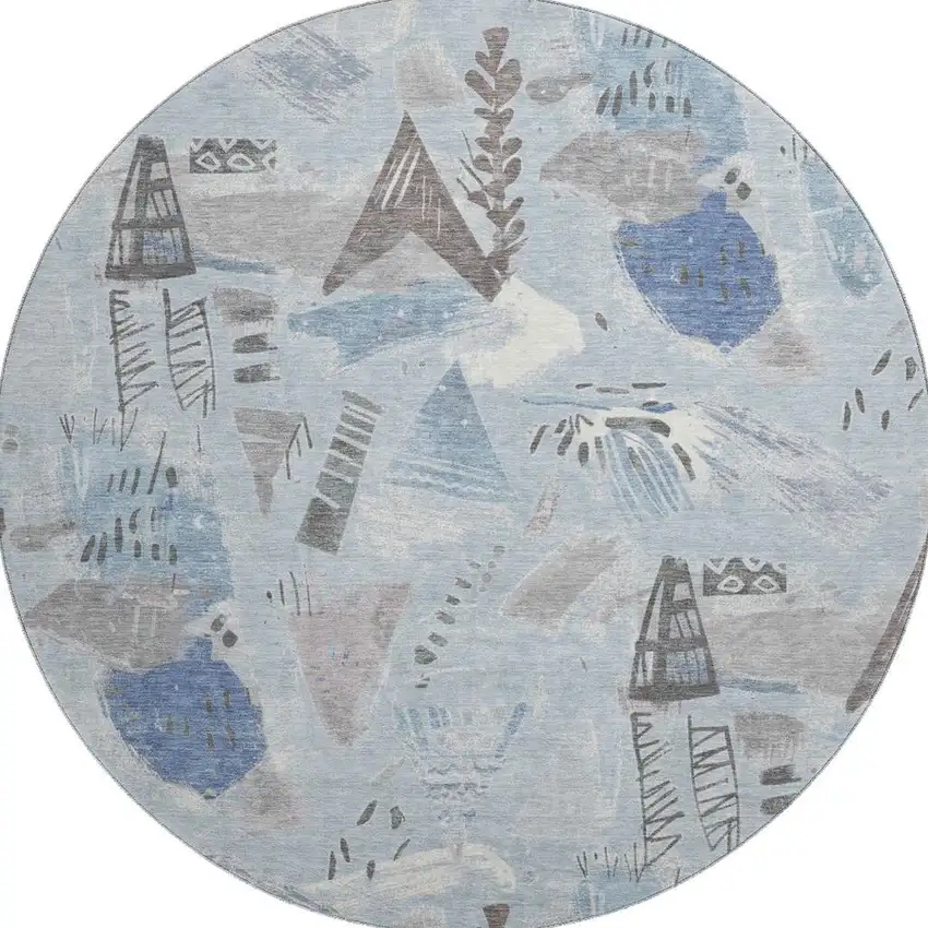 8' X 8' Sky Blue Taupe And Ivory Geometric Washable Round Rug With UV Protection Photo 3