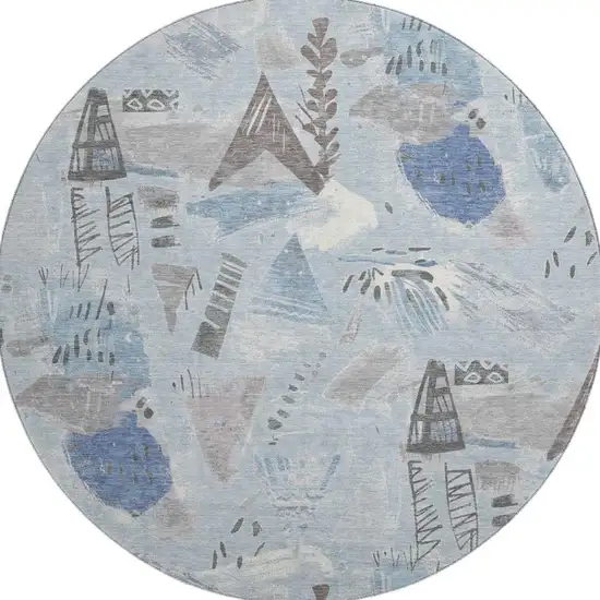 8' X 8' Sky Blue Taupe And Ivory Geometric Washable Round Rug With UV Protection Photo 3