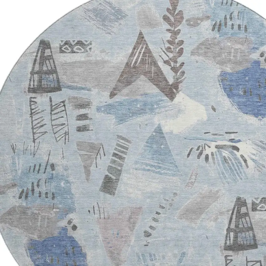 8' X 8' Sky Blue Taupe And Ivory Geometric Washable Round Rug With UV Protection Photo 2