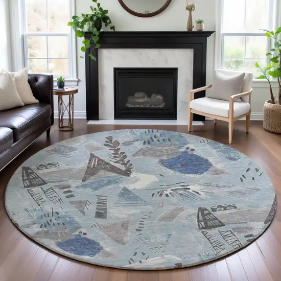 8' X 8' Sky Blue Taupe And Ivory Geometric Washable Round Rug With UV Protection Photo 4